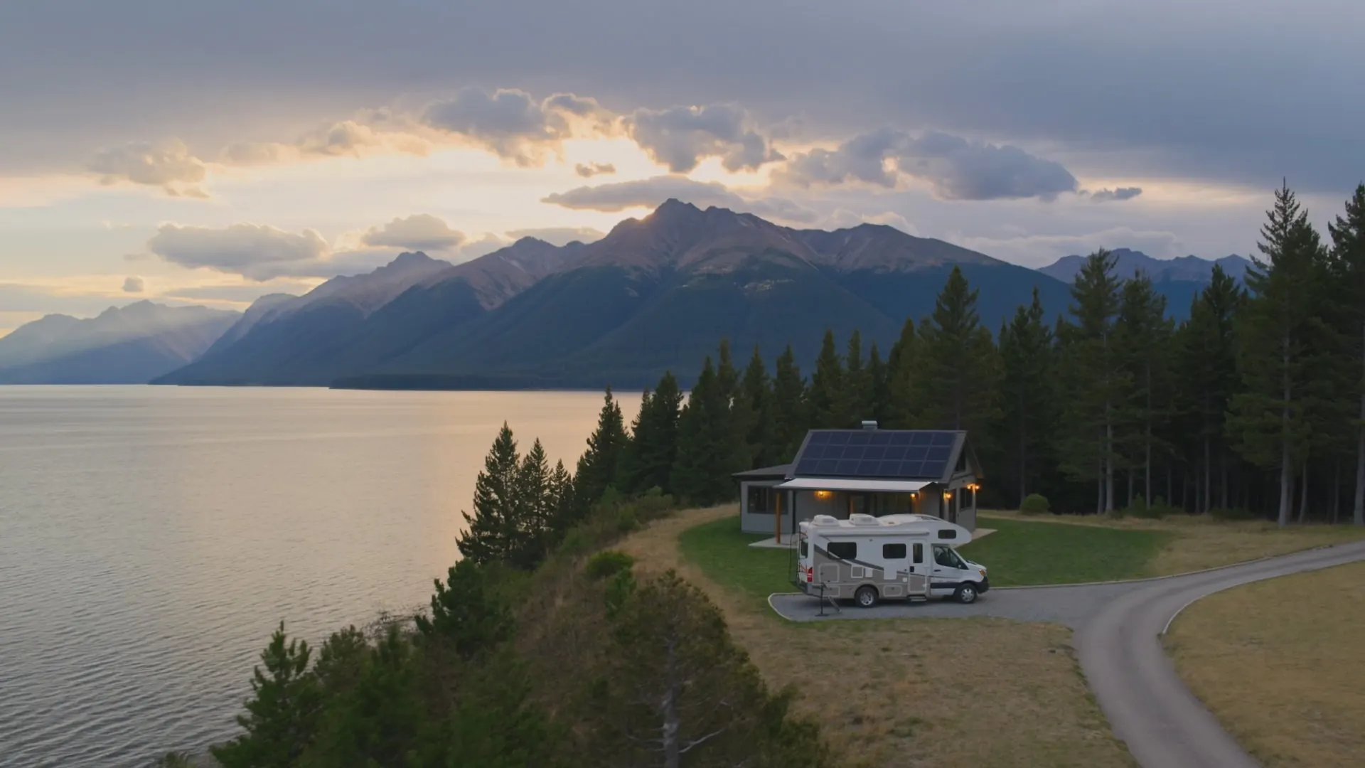 Solar-powered cabin and RV beside a mountain lake